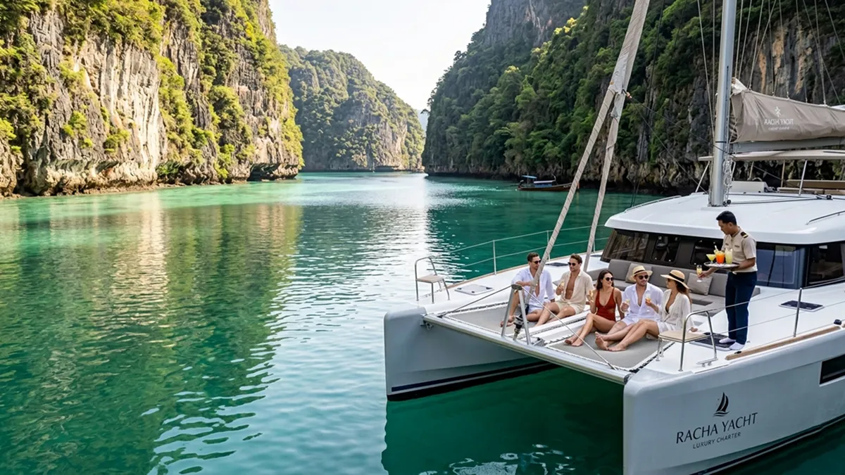 Teak wood deck of a luxury catamaran charter cruising in the Andaman Sea