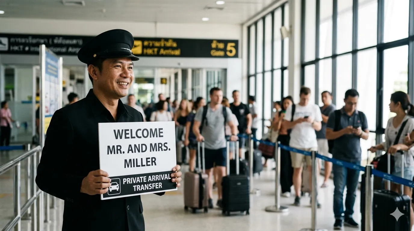 Professional driver holding name sign at Phuket Airport arrival hall