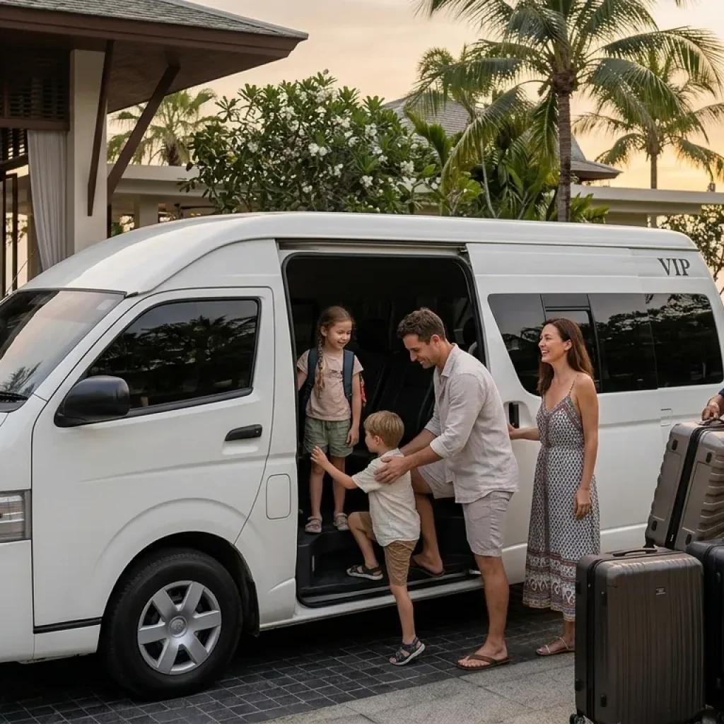 Family boarding Phuket airport VIP transfer van at sunset with luggage