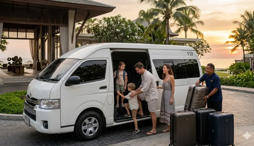 Family boarding Phuket airport VIP transfer van at sunset with luggage