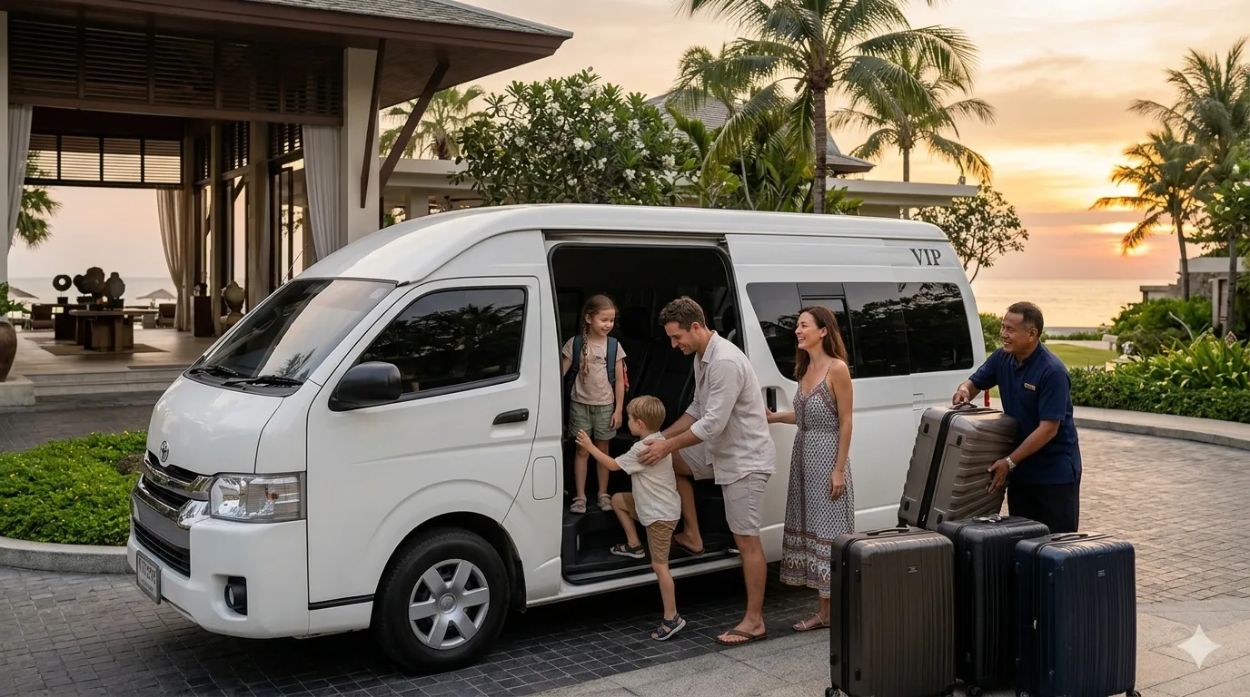 Family boarding Phuket airport VIP transfer van at sunset with luggage