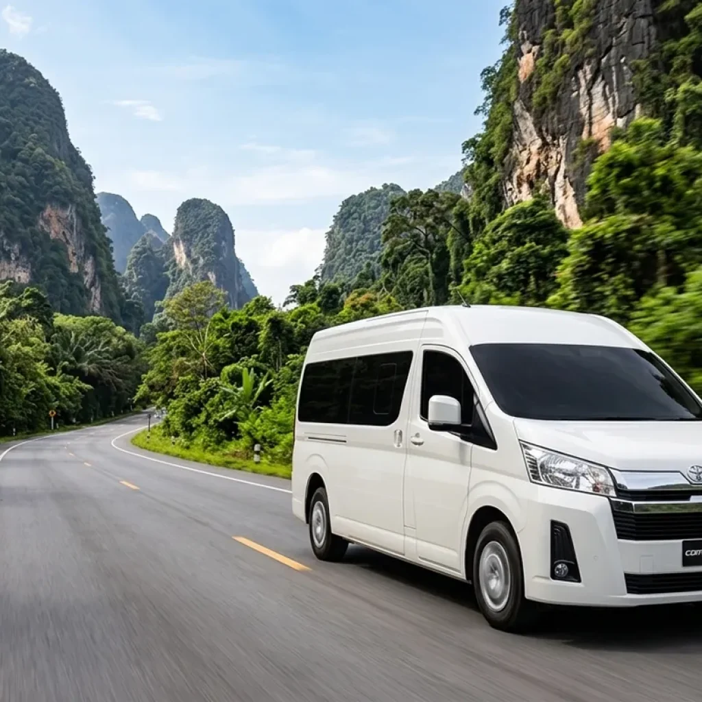 White Toyota Commuter van driving Phuket to Krabi private transfer route