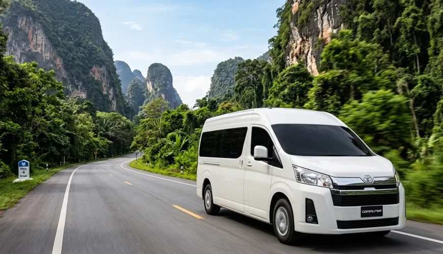White Toyota Commuter van driving Phuket to Krabi private transfer route