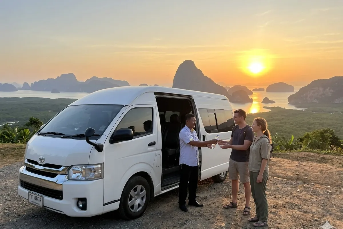 Toyota Commuter van stop at Samet Nangshe viewpoint during Phuket to Krabi transfer