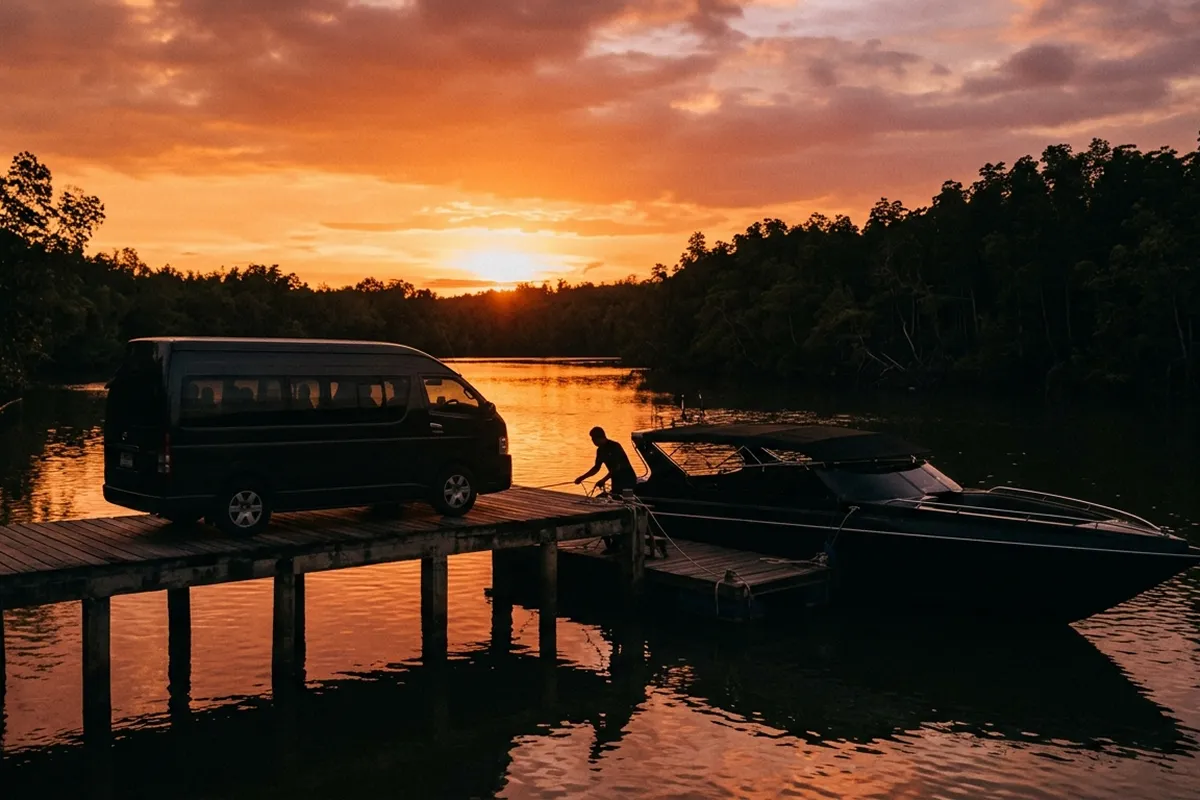 Van and speedboat at Bang Rong Pier Phuket during sunset for Koh Yao transfer