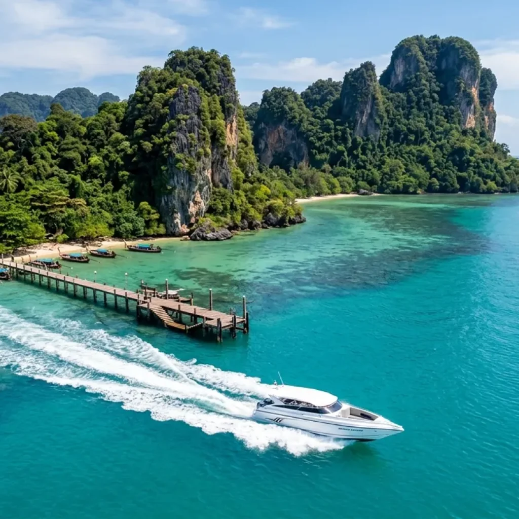 Aerial view of private speedboat approaching Koh Yao Yai for transfer from Phuket