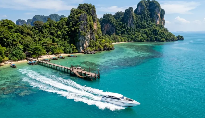 Aerial view of private speedboat approaching Koh Yao Yai for transfer from Phuket