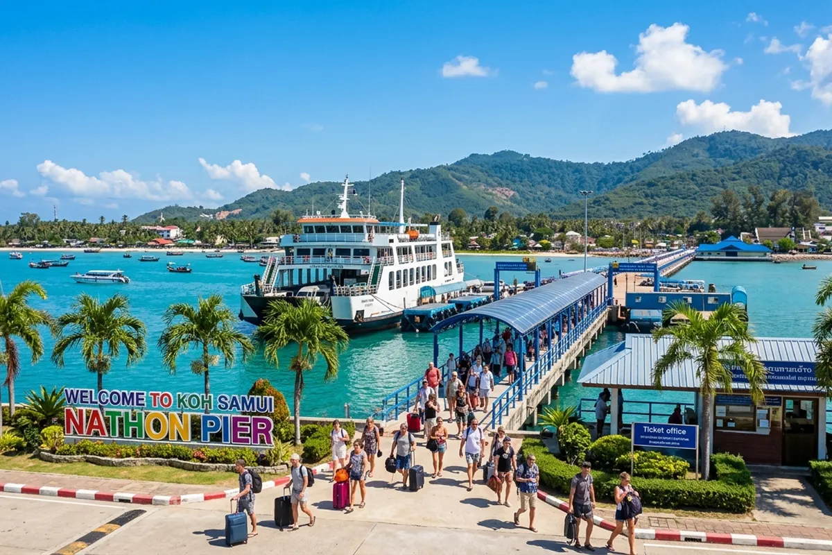 Tourists arriving at Nathon Pier Koh Samui after private transfer from Phuket