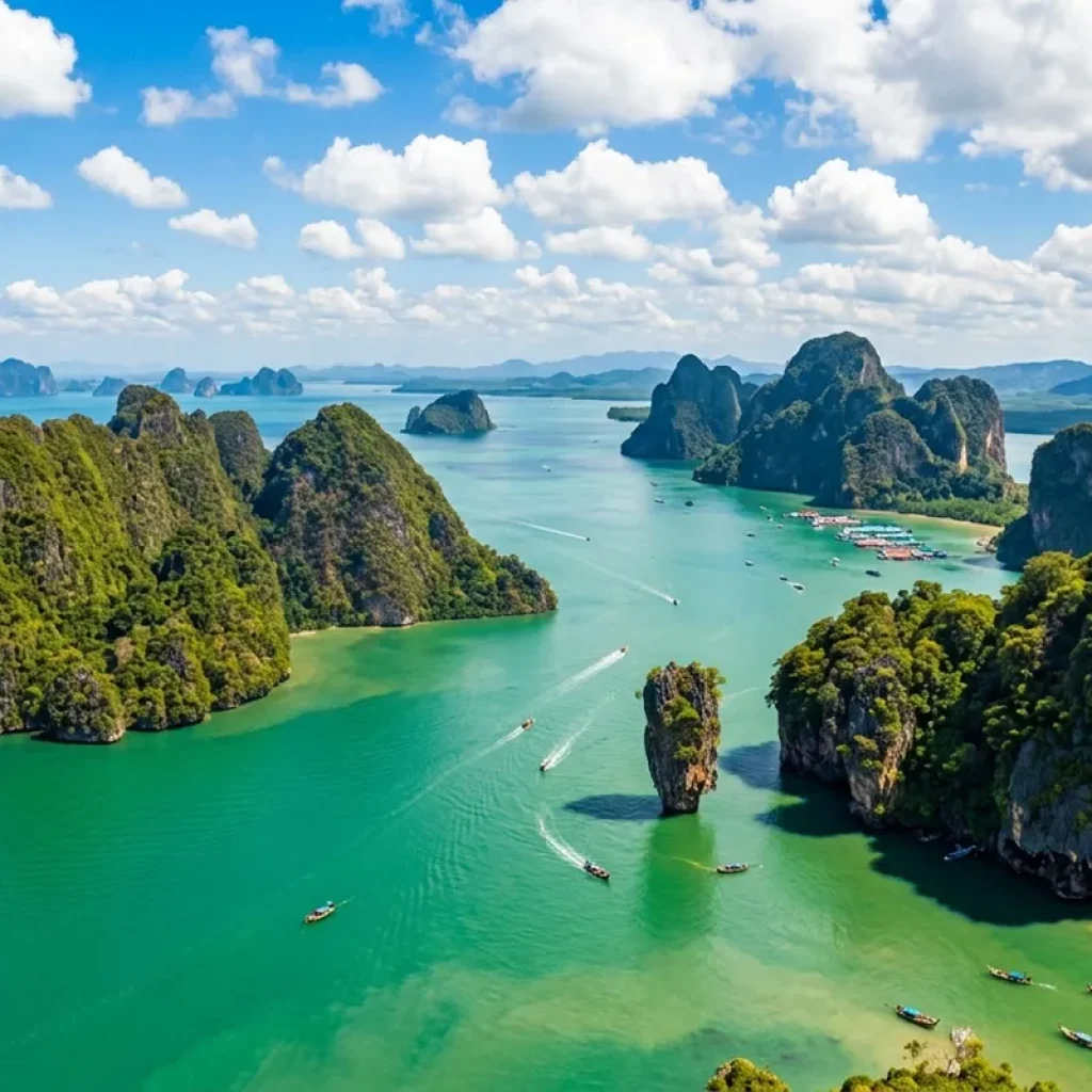 Phang Nga Bay limestone karsts and emerald water in Ao Phang Nga National Park