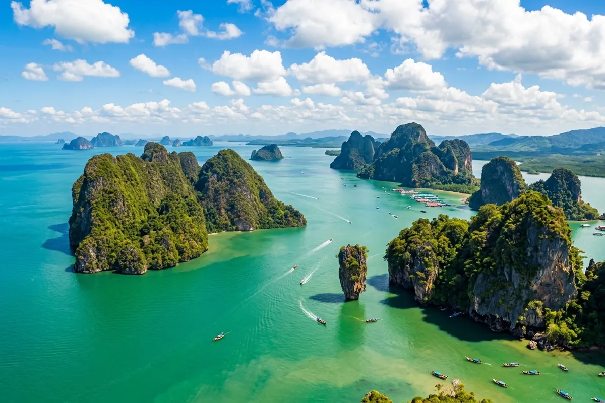 Phang Nga Bay limestone karsts and emerald water in Ao Phang Nga National Park