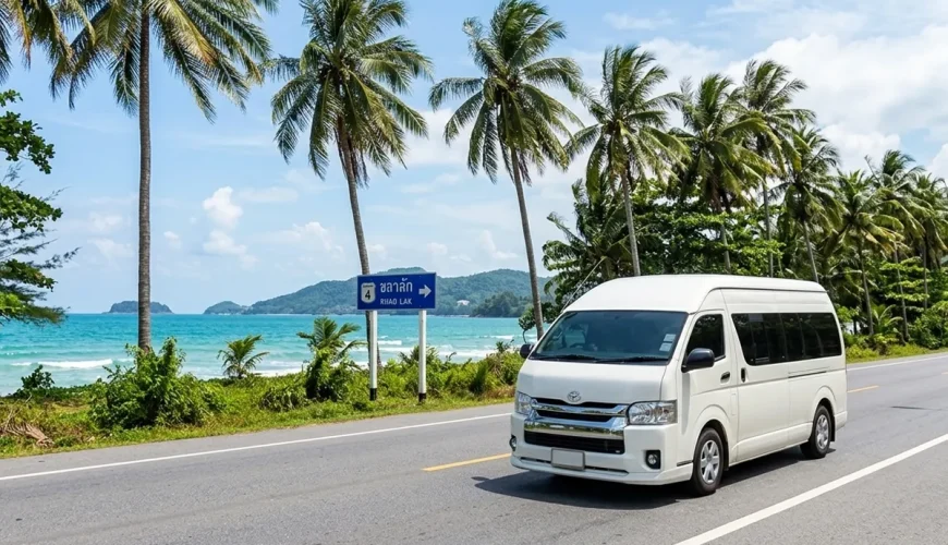 White Toyota Commuter van driving Phuket to Khao Lak private transfer route
