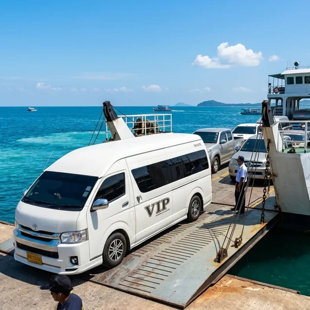 White Toyota Commuter van on ferry crossing to Koh Lanta private transfer route