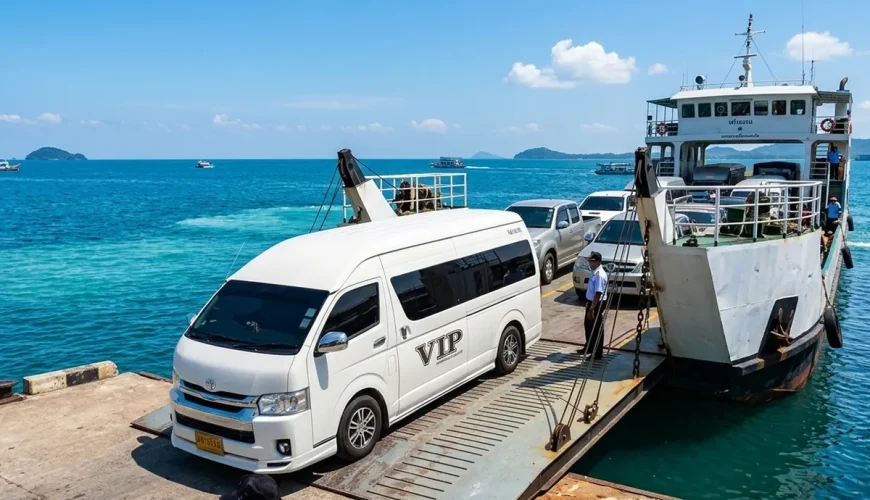 White Toyota Commuter van on ferry crossing to Koh Lanta private transfer route