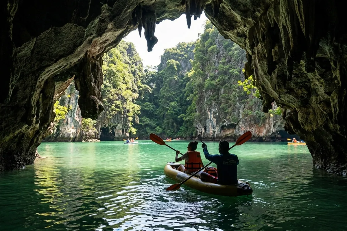 Sea canoe through cave to hidden lagoon Hong Island Phang Nga Bay