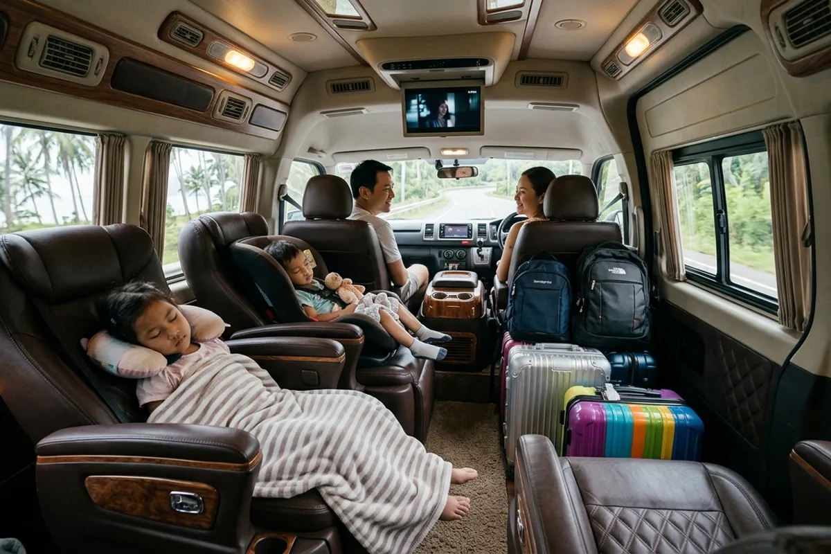 Family boarding Toyota Commuter VIP van for Phuket to Koh Lanta private transfer