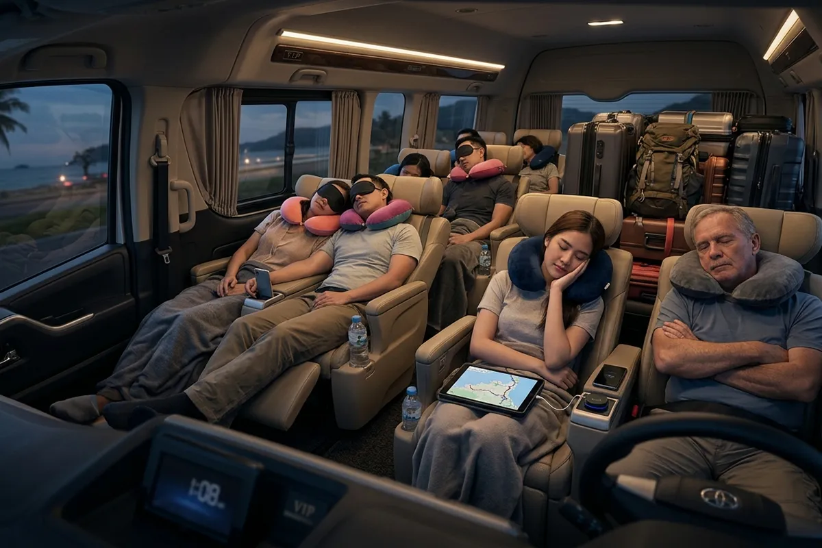 Family sleeping in Toyota Commuter VIP van on long drive to Koh Samui ferry